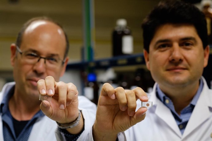 Jesús Berenguer (UR) y Javier García (UA) sostienen dos celdas solares 