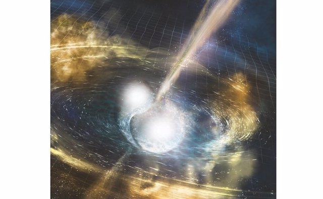 Ilustración artística de dos estrellas de neutrones en fusión