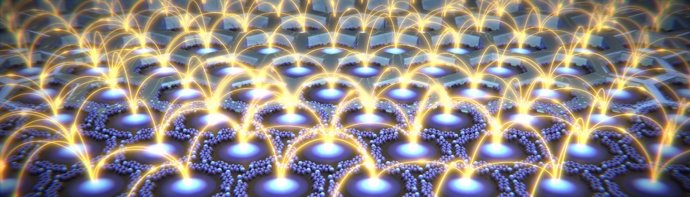 Figura artística mostrando una red nanoporosa de puntos cuánticos.