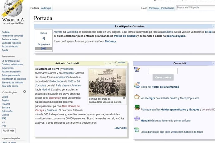 Páxina de la versión asturiana de la wikipedia.