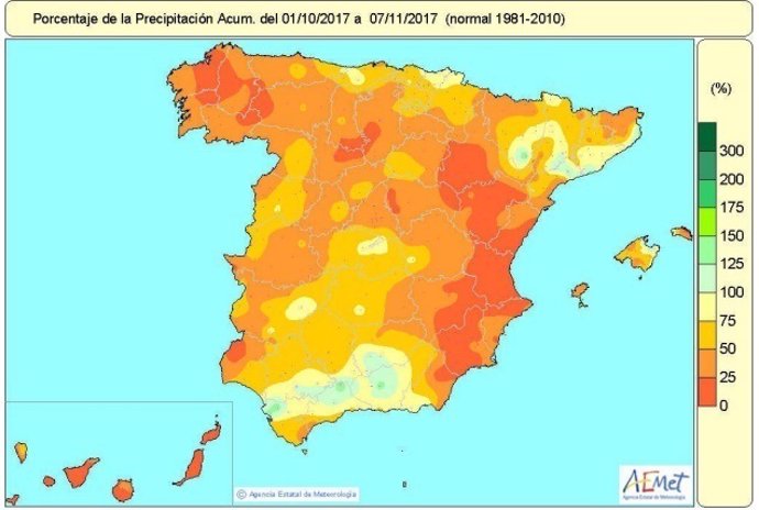 Mapa de lluvias acumuladas del 1-10-2017 al 7-11-2017 en España