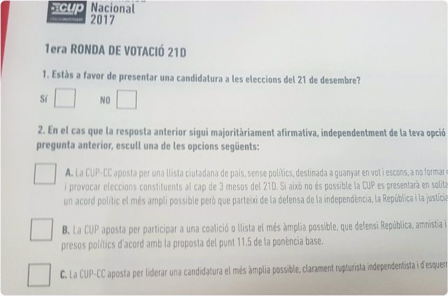 Papeleta de votación de la asamblea de la CUP 