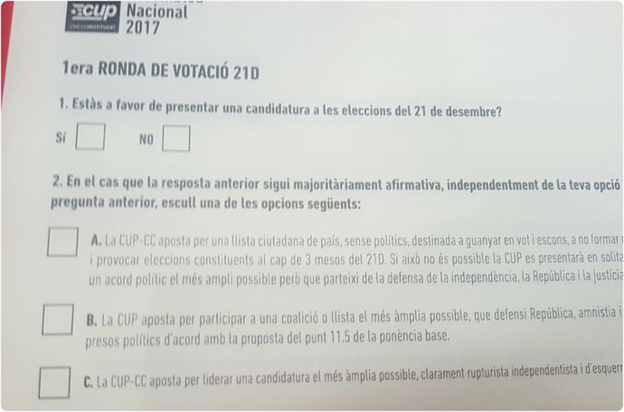 Papereta de votació de l'assemblea de la CUP 