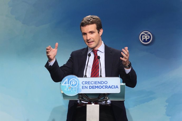 Rueda de prensa de Pablo Casado en la sede del PP