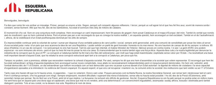 Carta d'O.Junqueras a la militància, des de la presó