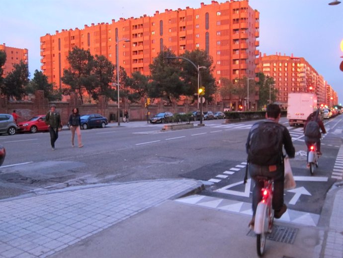 Ciclistas en carril bici al atardecer