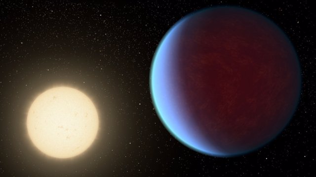 Recreación de 55 Cancri e y su estrella de fondo