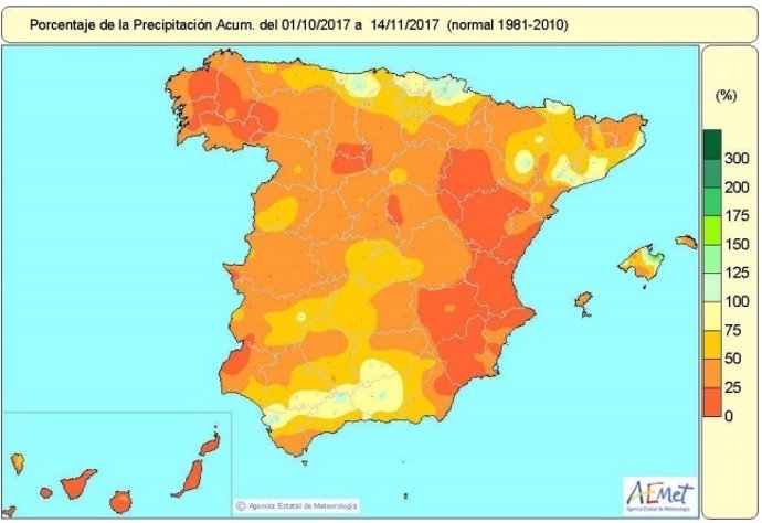 Mapa de lluvias acumuladas en España hasta el 17 de noviembre