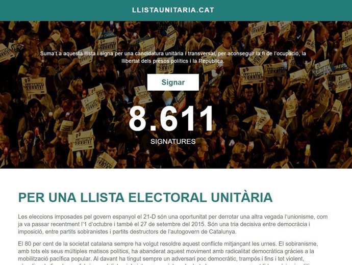 Pàgina web que demana suport a la llista unitària al 21D