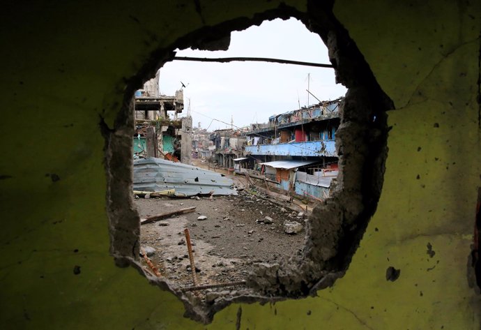 Edificio dañado en Marawi