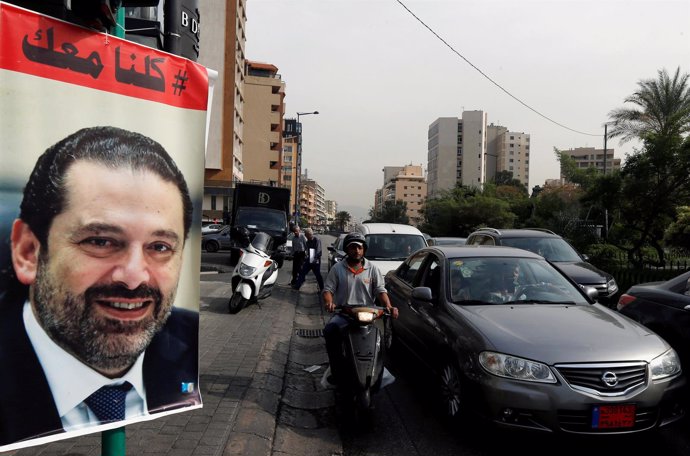 Cartel con la imagen de Saad Hariri en Beirut