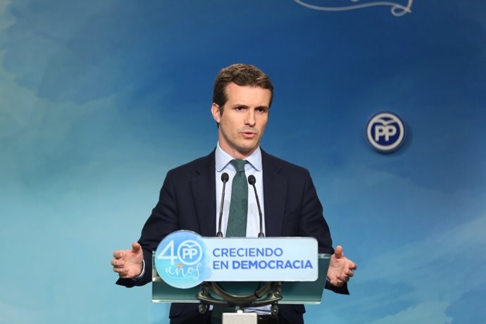 Rueda de prensa de Pablo Casado en la sede del PP