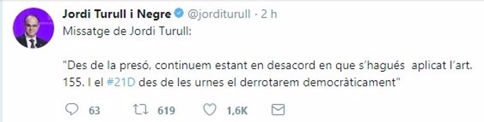 Twit de Jordi Turull sobre el 155