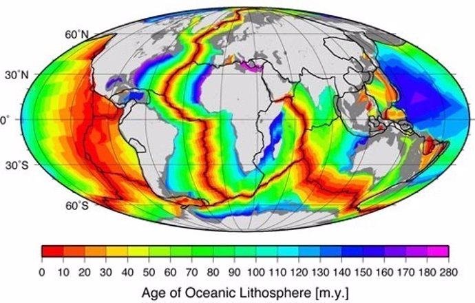 Mapa de l'edat del fons marí en milions d'anys