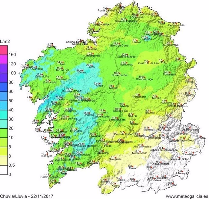 Mapa de Meteogalicia con las lluvias de este miércoles en Galicia