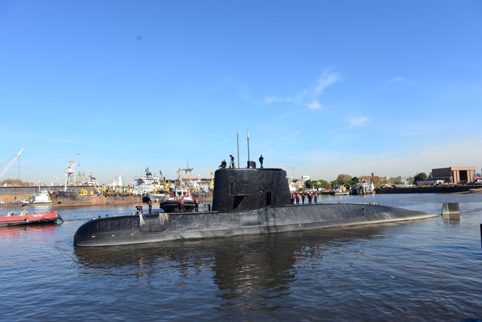 The Argentine military submarine ARA San Juan and crew are seen leaving the port