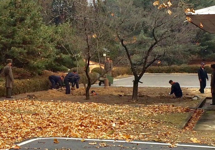 Soldados norcoreanos cavan una fosa y plantan árboles en la frontera con el Sur.