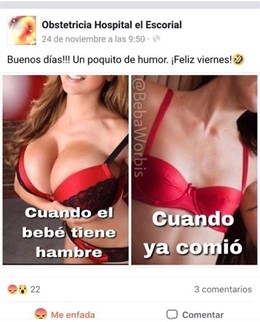 Captura del polémico post sobre el tamaño de los pechos al dar de comer al bebé