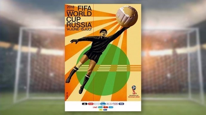 Cartel de la FIFA del Mundial de Rusia 2018, con Lev Yashin como protagonista