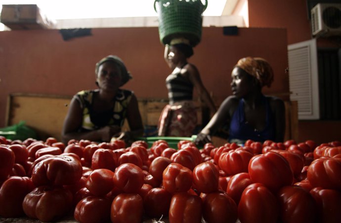 Mujeres vendiendo tomates en un mercado de Cabinda