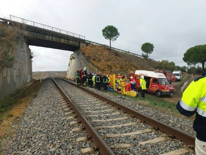 Atención a los heridos en el descarrilamiento de un tren cerca de Arahal