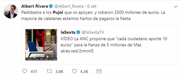 Mensaje de Twitter de Albert Rivera (Cs) sobre los Pujol