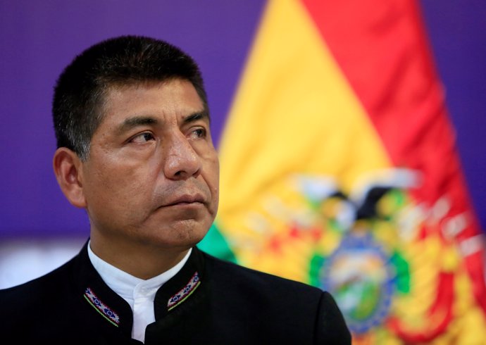 Bolivia's Foreign Minister Fernando Huanacuni attends a news conference at the v