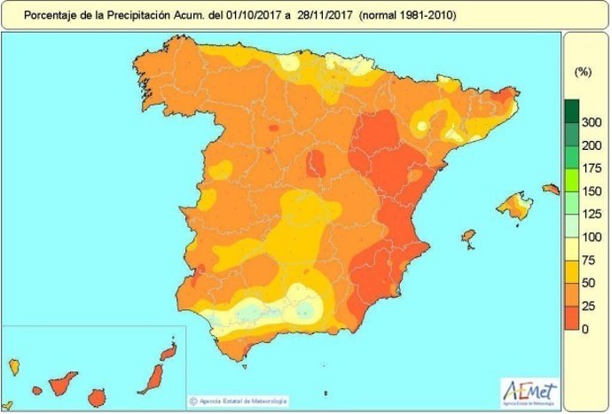 Distribución de lluvias en España del 1-12-2017 al 28-11-2018