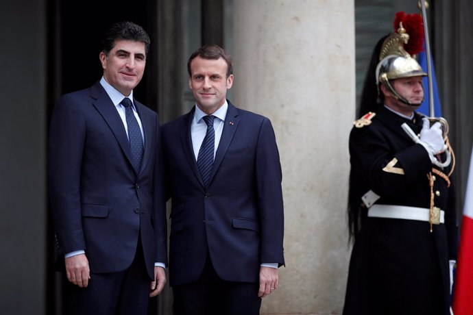 Emmanuel Macron y el primer ministro kurdo Nechirvan Barzani