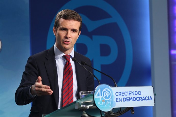 Roda de premsa de Pablo Casado a la seu del PP