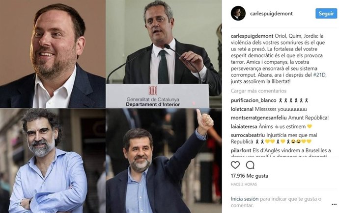Captura de pantalla del missatge de C.Puigdemont a instagram.