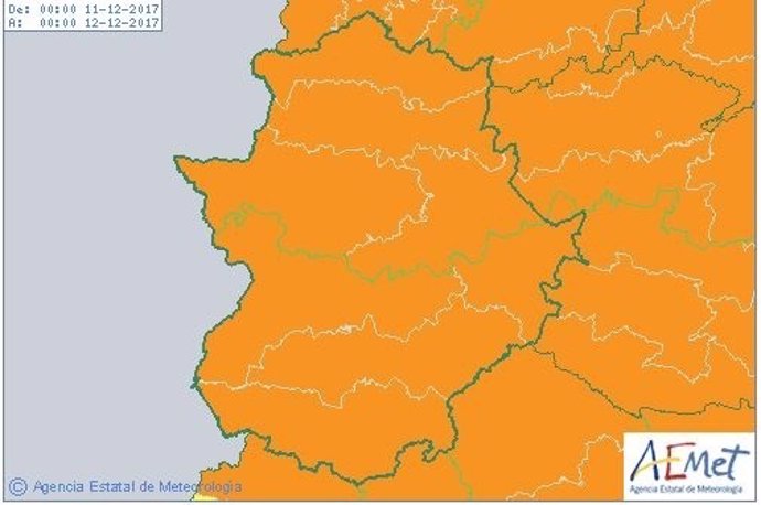 Mapa de avisos por vientos de Aemet para Extremadura