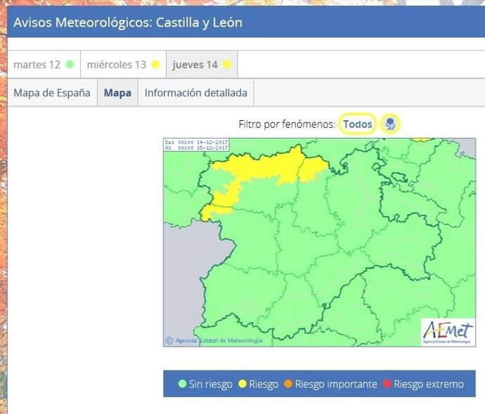 Cuadro descriptivo del aviso por deshielo en Cordillera Cantábrica