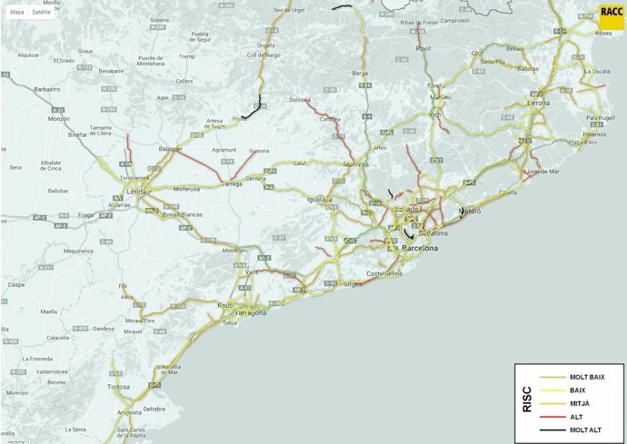 Mapa tramos carretera con más riesgo de accidente en Catalunya