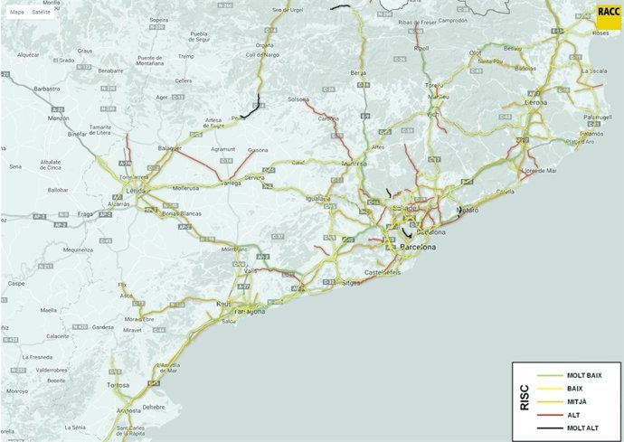 Mapa trams carretera amb més risc d'accident a Catalunya