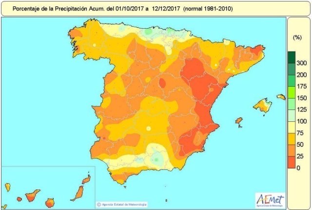 Mapa de precipitaciones acumuladas en España hasta el 12 de diciembre