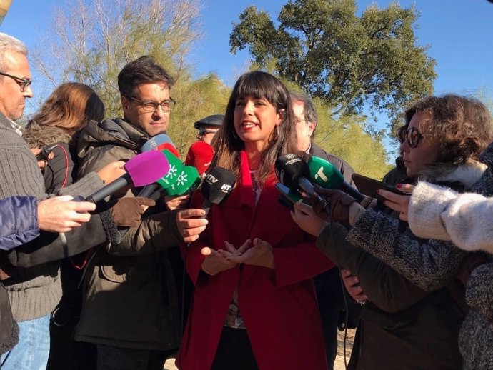 Teresa Rodríguez, ante los medios de comunicación en Huelva. 