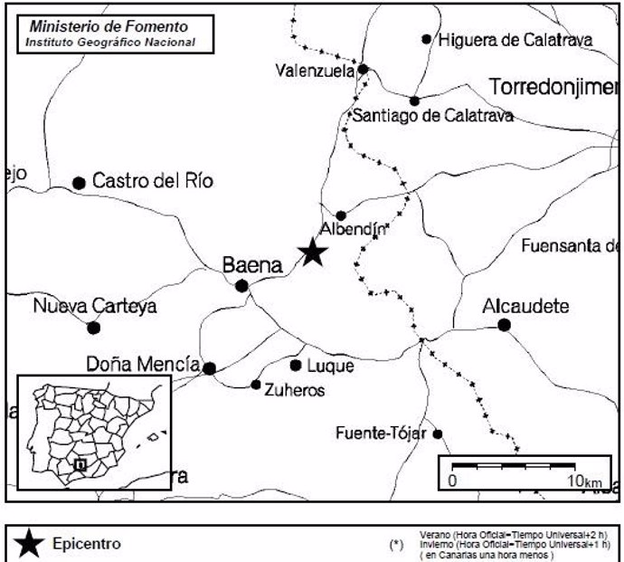 Mapa de localización del epicentro del terremoto de Baena