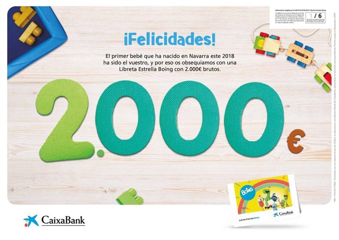 Cheque de CaixaBank para el primer bebé del 2018 en Navarra