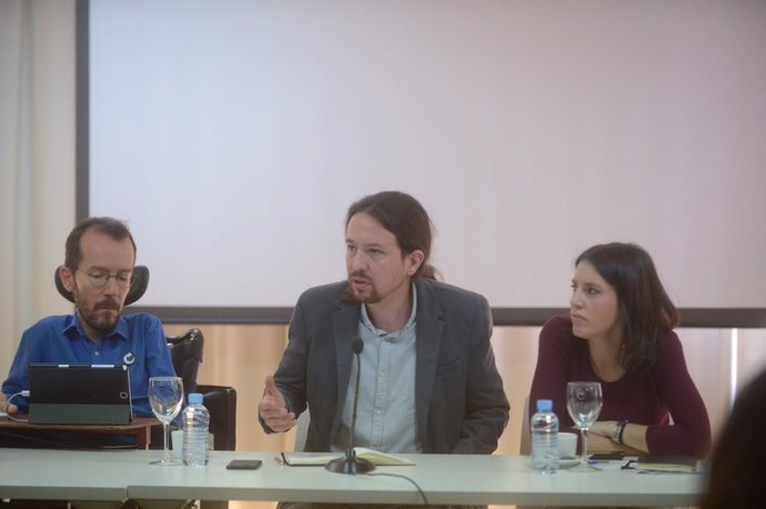 Pablo Iglesias, Pablo Echenique e Irene Montero en el CCE de Podemos