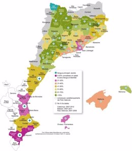 Mapa del dominio lingüístico del catalán/valenciano facilitado por Escola