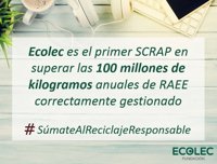 Fundación Ecolec, primer SCRAP en superar los 100 millones de kilogramos anuales de RAEE correctamente gestionados