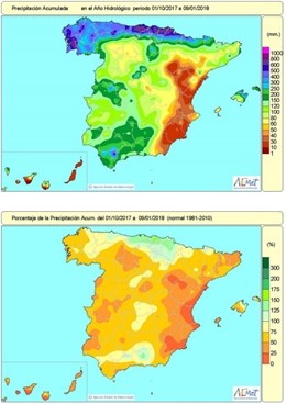 Distribución de lluvias acumuladas en el conjunto de España hasta el 9 de enero 
