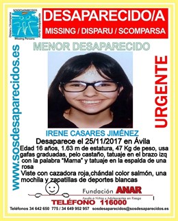 Ávila.- Cartel con la imagen de la joven desaparecida