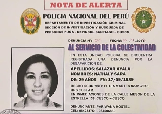 Nathaly Salazar, chica de Valencia desaparecida en Perú