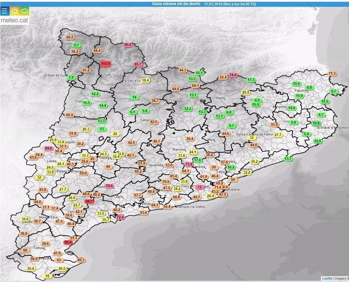 Mapa de rachas de viento en Catalunya