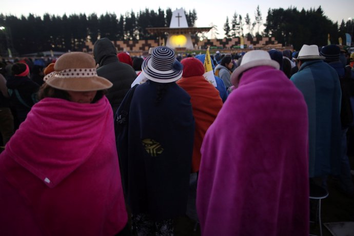 Faithful wait for Pope Francis to lead a mass at the Maquehue Temuco Air Force b