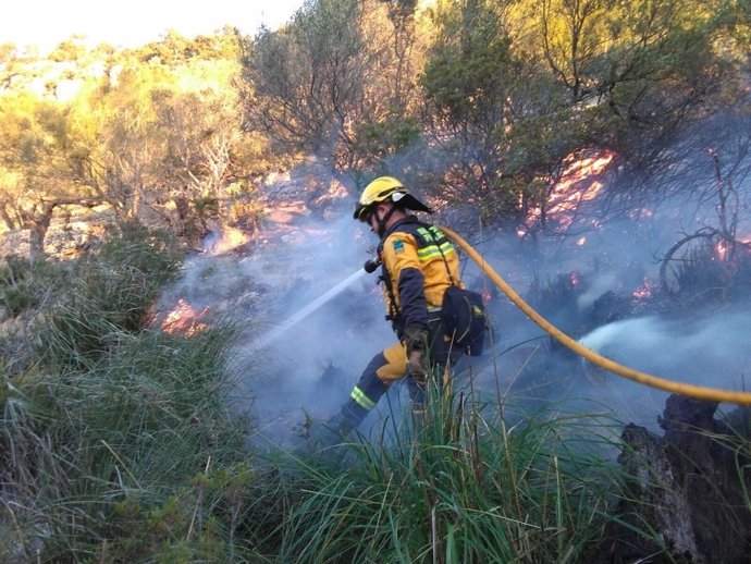 Un agente del Ibanat trabaja en un incendio en Pollença