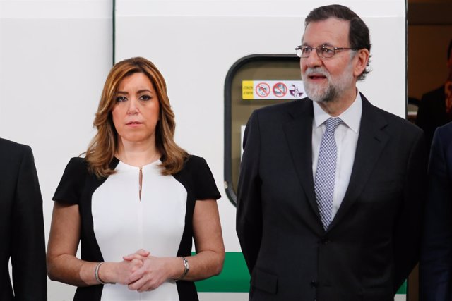 Susana Díaz y Mariano Rajoy, hoy en el acto de aniversario del AVE