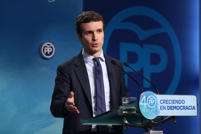 Rueda de prensa de Pablo Casado en la sede del PP